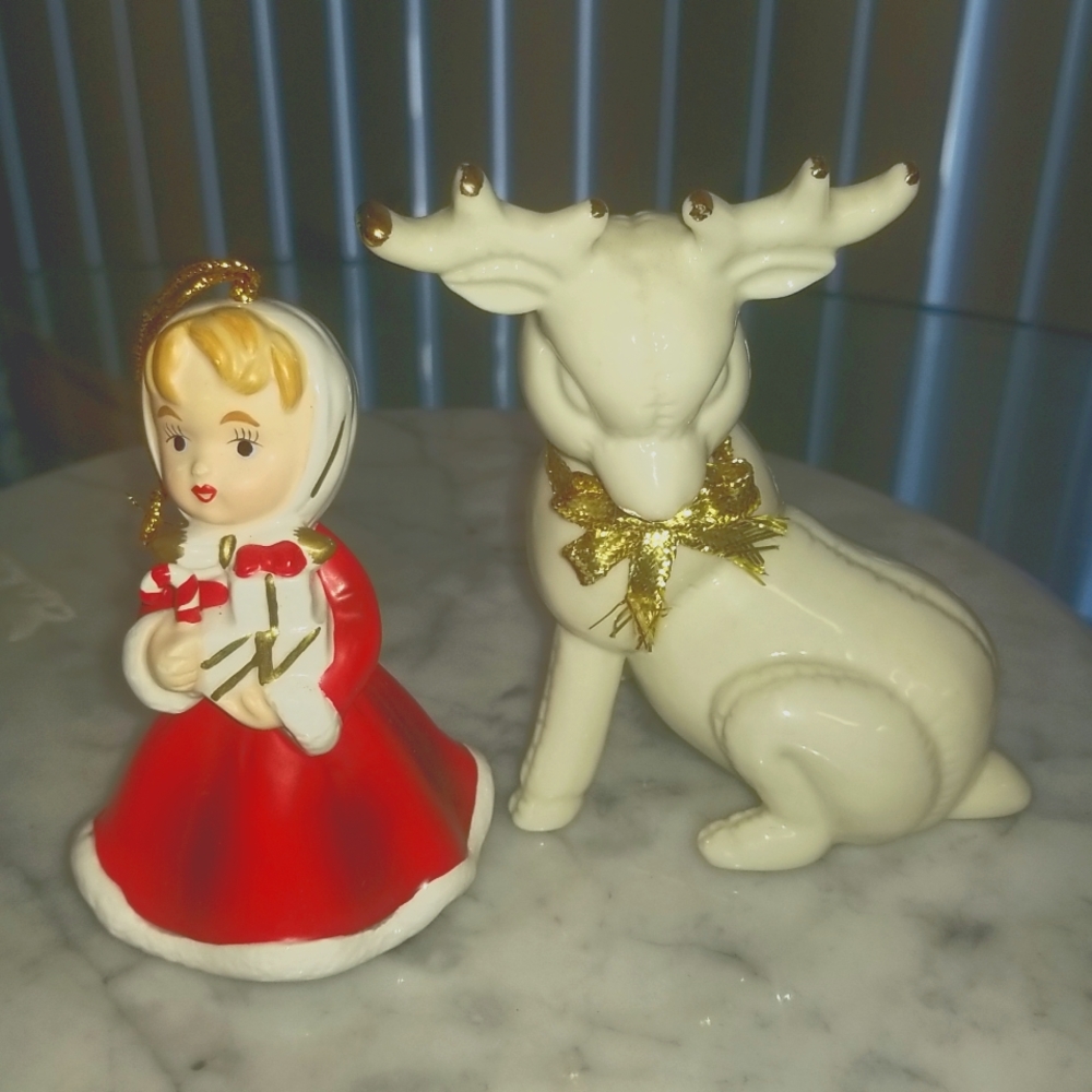 Christmas Figurines Reindeer and Caroler Ornament Bell